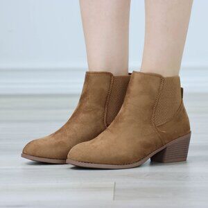 Brown Faux Suede Ankle Boots Low Chunky Heel Slip On Stretch Panel Comfort